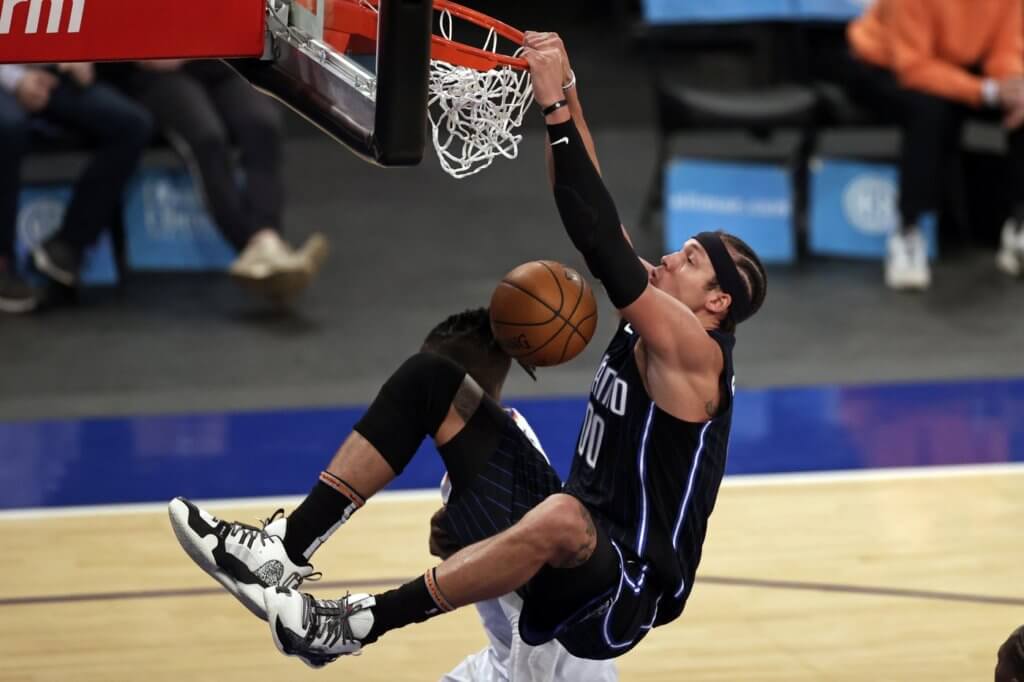 Mar 18, 2021; New York, New York, USA; Orlando Magic forward Aaron Gordon dunks the ball during the second half of an NBA basketball game against the New York Knicks on Thursday, March 18, 2021, in New York. Mandatory Credit: Adam Hunger/Pool Photo-USA TODAY Sports