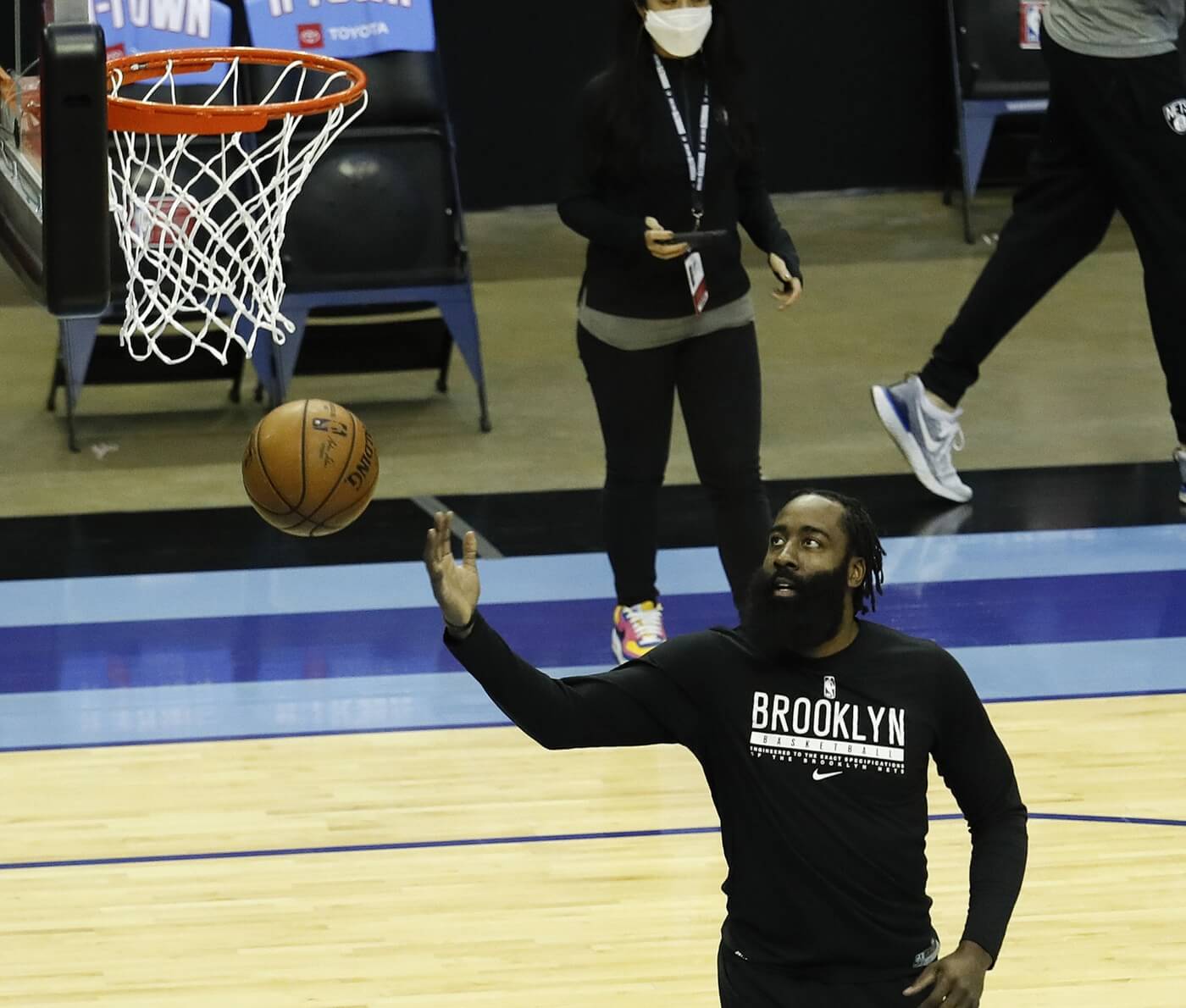 Mar 3, 2021; Houston, Texas, USA; James Harden #13 of the Brooklyn Nets warms up prior to playing the Houston Rockets at Toyota Center on March 03, 2021 in Houston, Texas. Mandatory Credit: Bob Levey-POOL PHOTOS-USA TODAY Sports
