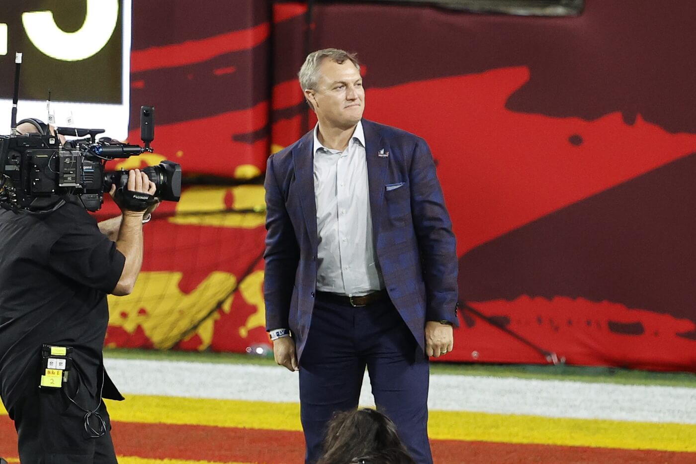 Feb 7, 2020; Tampa, FL, USA; NFL Hall of Fame inductee John Lynch is introduced during the first quarter of Super Bowl LV between the Kansas City Chiefs and the Tampa Bay Buccaneersat Raymond James Stadium. Mandatory Credit: Kim Klement-USA TODAY Sports