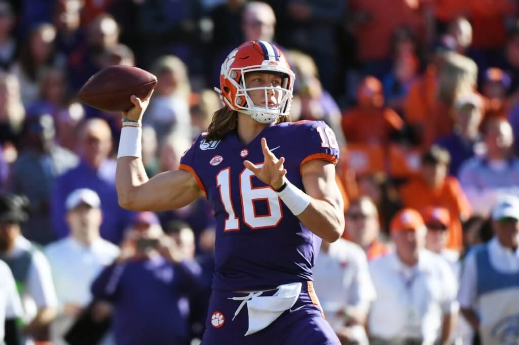 Nov 2, 2019; Clemson, SC, USA; Clemson Tigers quarterback Trevor Lawrence (16) throws against the Wofford Terriers during the first quarter at Clemson Memorial Stadium. Mandatory Credit: Adam Hagy-USA TODAY Sports