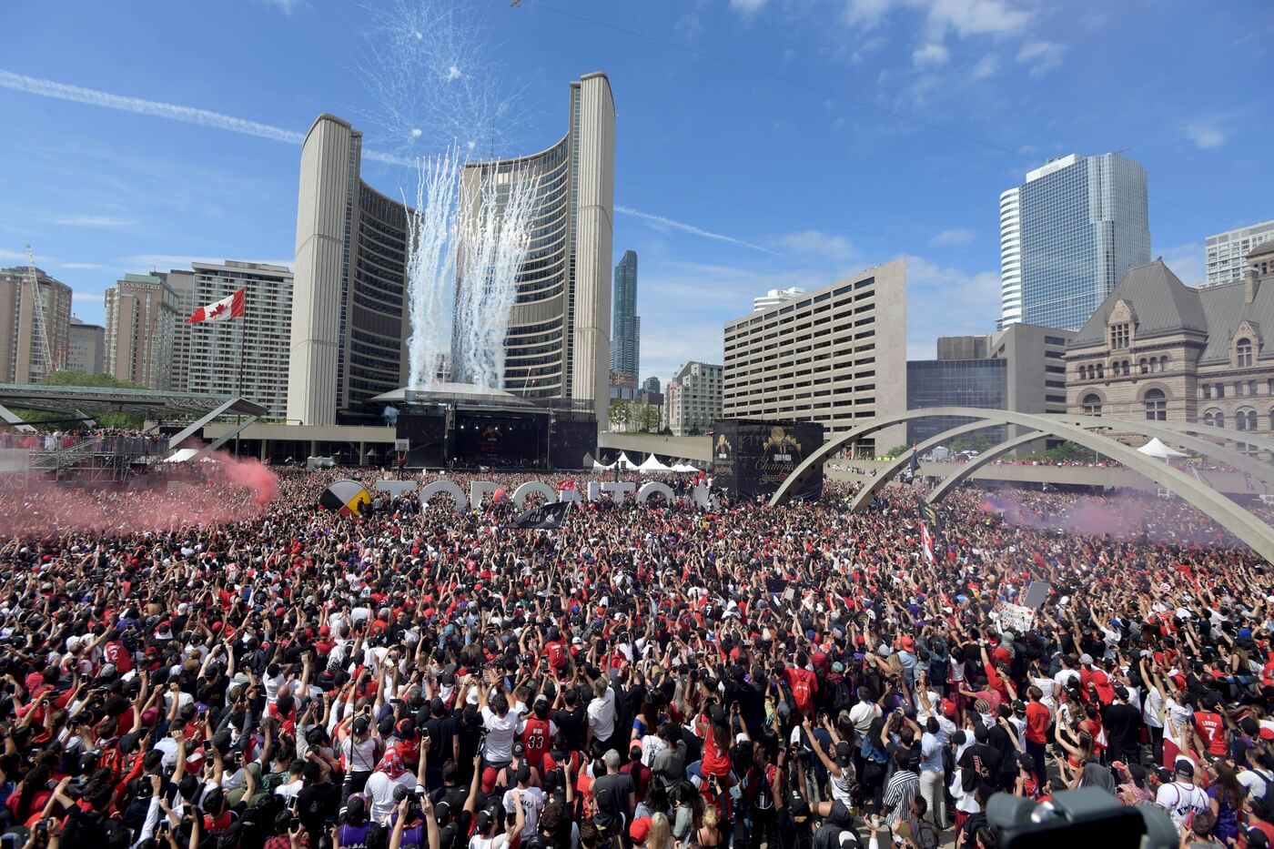 Jun 17, 2019; Toronto, Ontario, Canada; Toronto Raptors fans gather at Toronto city hall for a victory rally after a parade through downtown Toronto to celebrate their NBA title. Mandatory Credit: Dan Hamilton-USA TODAY Sports