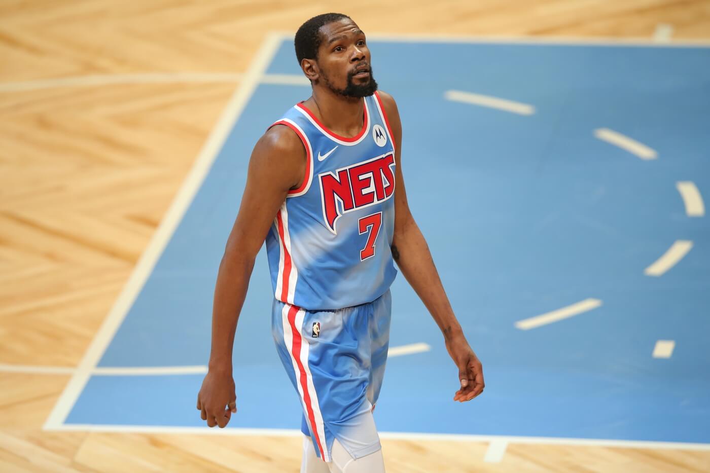 Jan 12, 2021; Brooklyn, New York, USA; Brooklyn Nets power forward Kevin Durant (7) reacts during the fourth quarter against the Denver Nuggets at Barclays Center. Mandatory Credit: Brad Penner-USA TODAY Sports