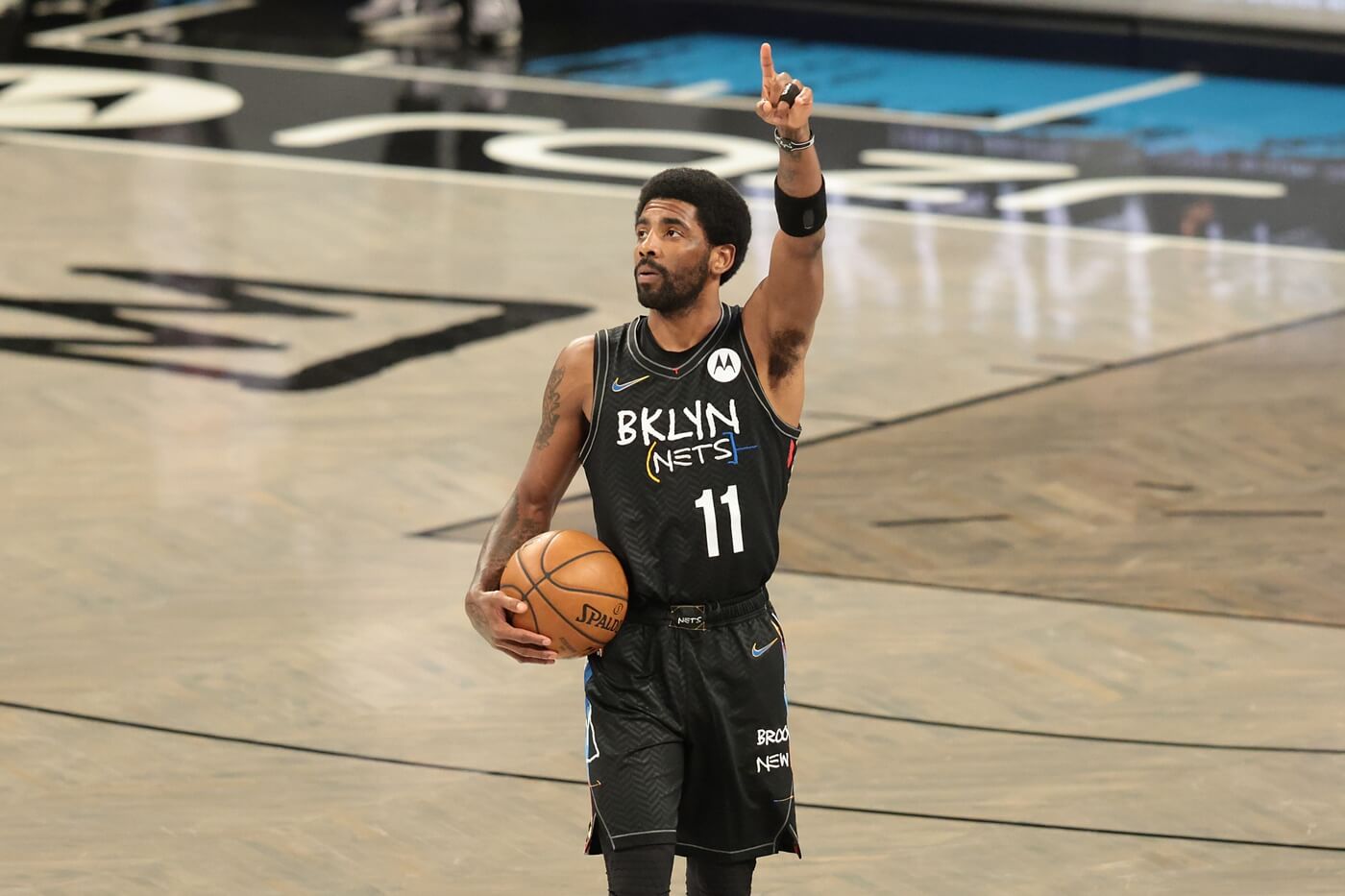 Apr 5, 2021; Brooklyn, New York, USA; Brooklyn Nets guard Kyrie Irving (11) gestures to fans before a game against the New York Knicks at Barclays Center. Mandatory Credit: Vincent Carchietta-USA TODAY Sports