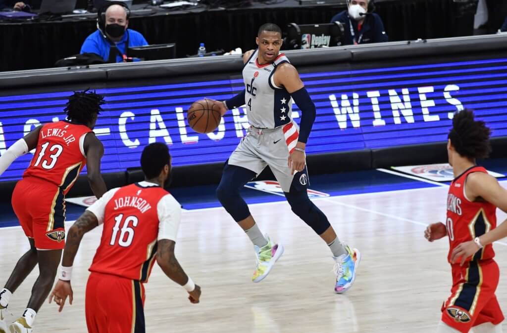 Apr 16, 2021; Washington, District of Columbia, USA; Washington Wizards guard Russell Westbrook (4) dribbles against the New Orleans Pelicans during the second quarter at Capital One Arena. Mandatory Credit: Brad Mills-USA TODAY Sports