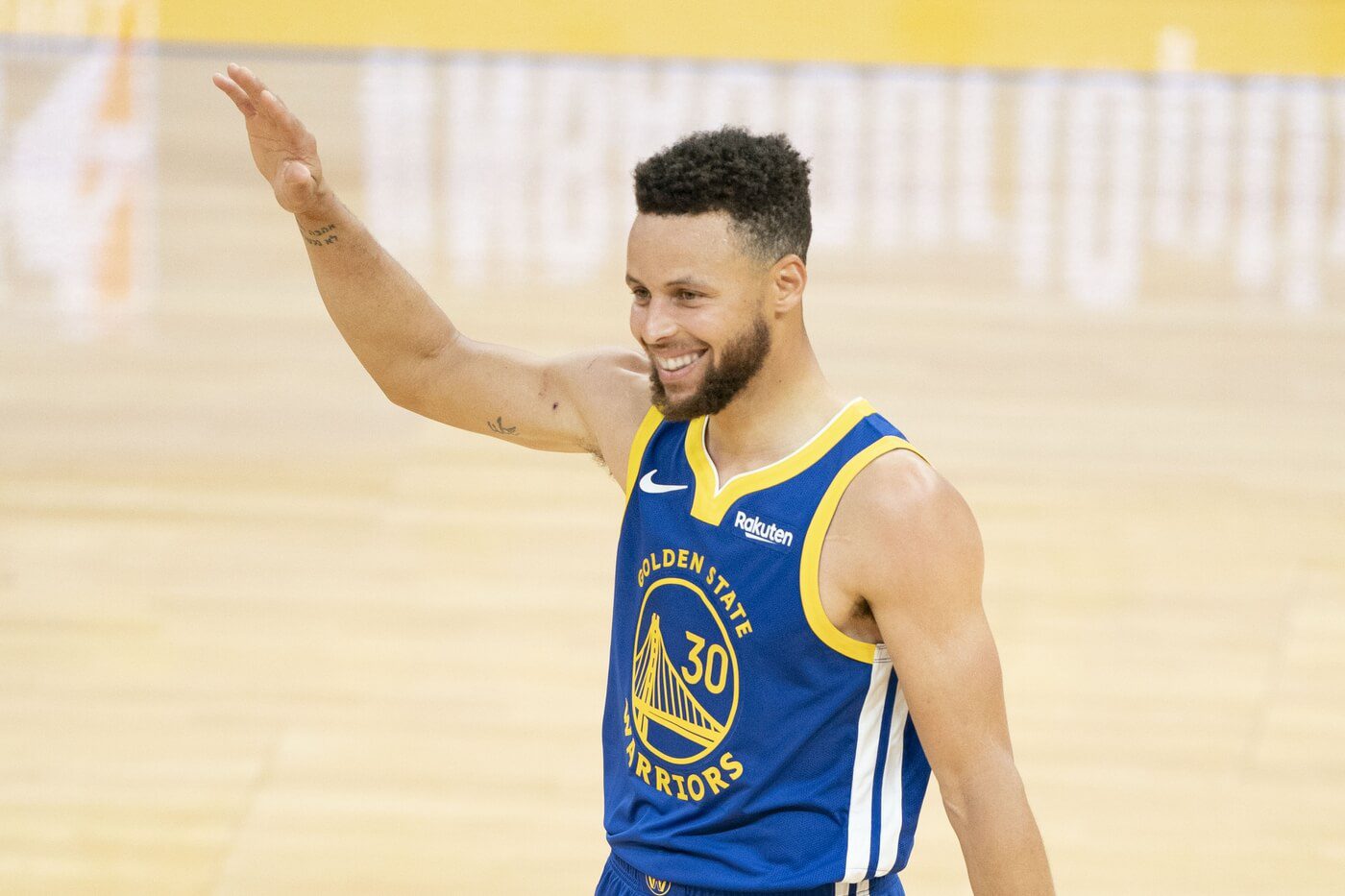 April 12, 2021; San Francisco, California, USA; Golden State Warriors guard Stephen Curry (30) celebrates during the third quarter against the Denver Nuggets at Chase Center. Mandatory Credit: Kyle Terada-USA TODAY Sports