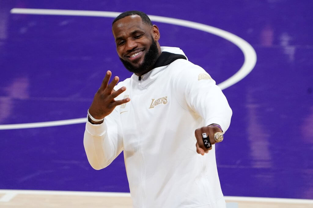 Dec 22, 2020; Los Angeles, California, USA; Los Angeles Lakers forward LeBron James (23) poses with 2020 NBA Champion ring before a game against the Los Angeles Clippers at Staples Center. Mandatory Credit: Kirby Lee-USA TODAY Sports