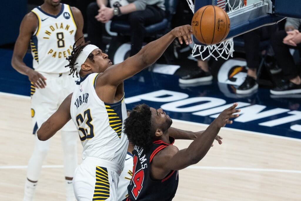 Apr 6, 2021; Indianapolis, Indiana, USA; Indiana Pacers center Myles Turner (33) blocks the shot of Chicago Bulls forward Patrick Williams (44) in the third quarter at Bankers Life Fieldhouse. Mandatory Credit: Trevor Ruszkowski-USA TODAY Sports