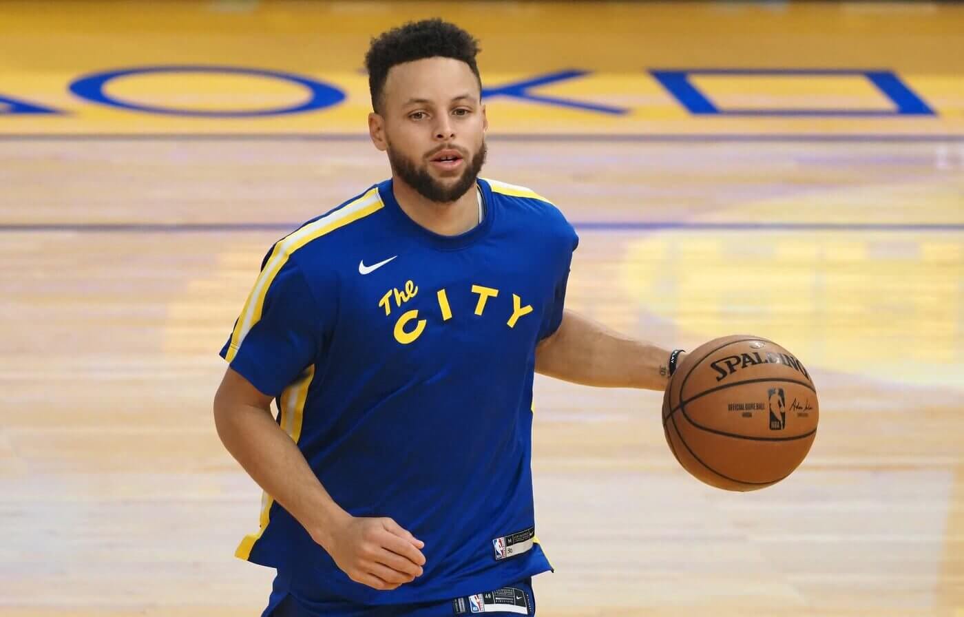 Mar 14, 2021; San Francisco, California, USA; Golden State Warriors guard Stephen Curry (30) warms up before the game against the Utah Jazz at Chase Center. Mandatory Credit: Kelley L Cox-USA TODAY Sports