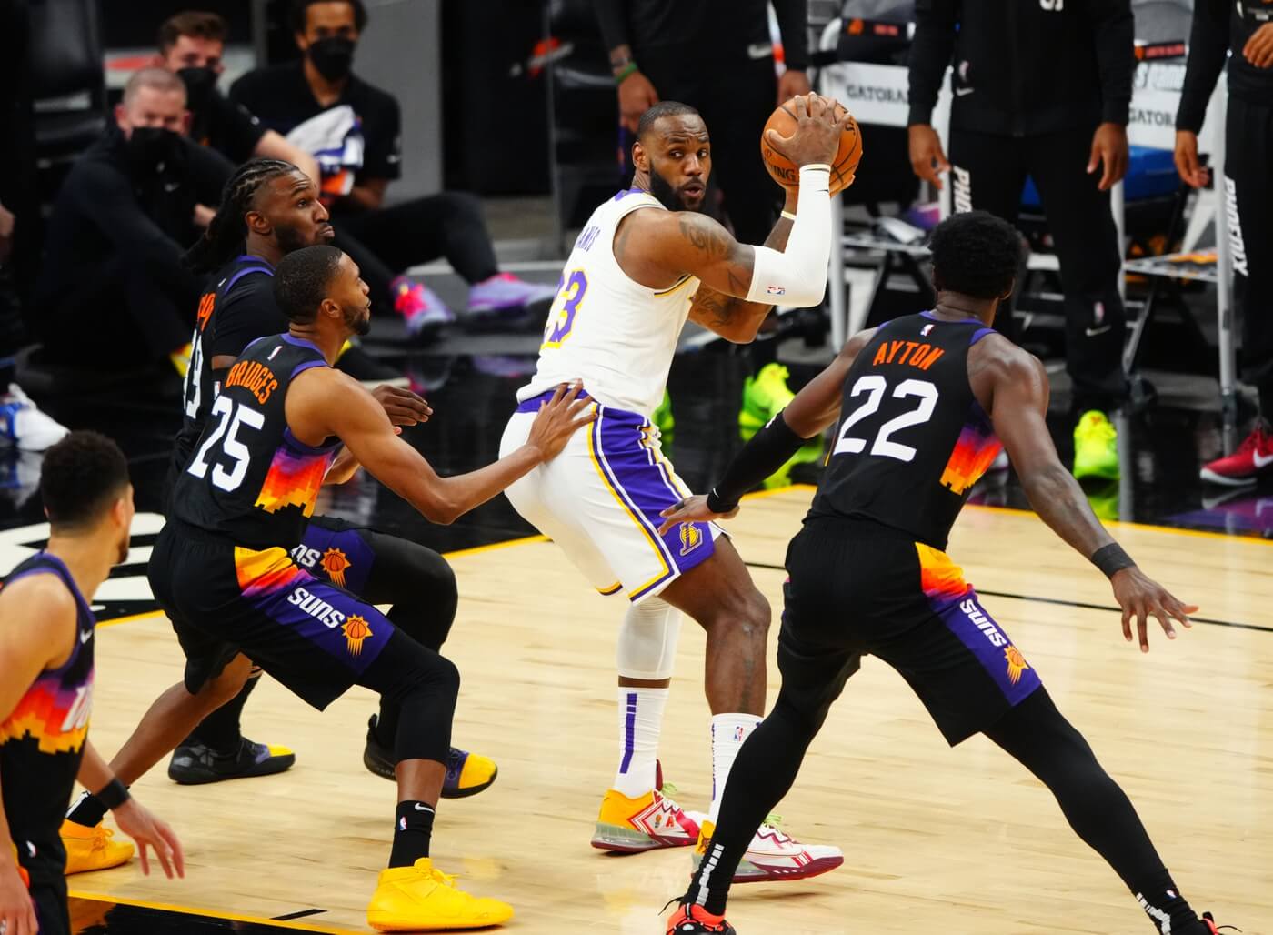 May 23, 2021; Phoenix, Arizona, USA; Los Angeles Lakers forward LeBron James (23) against the Phoenix Suns during game one in the first round of the 2021 NBA Playoffs. at Phoenix Suns Arena