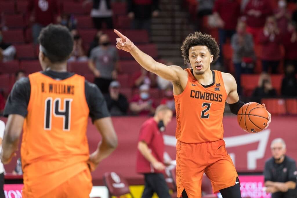 NORMAN, OK - FEBRUARY 27: Oklahoma State Cowboys guard Cade Cunningham (2) calls a play during overtime against the Oklahoma Sooners on February 27th, 2021 at Lloyd Noble Center in Norman Oklahoma. (Photo by William Purnell/Icon Sportswire via Getty Images)