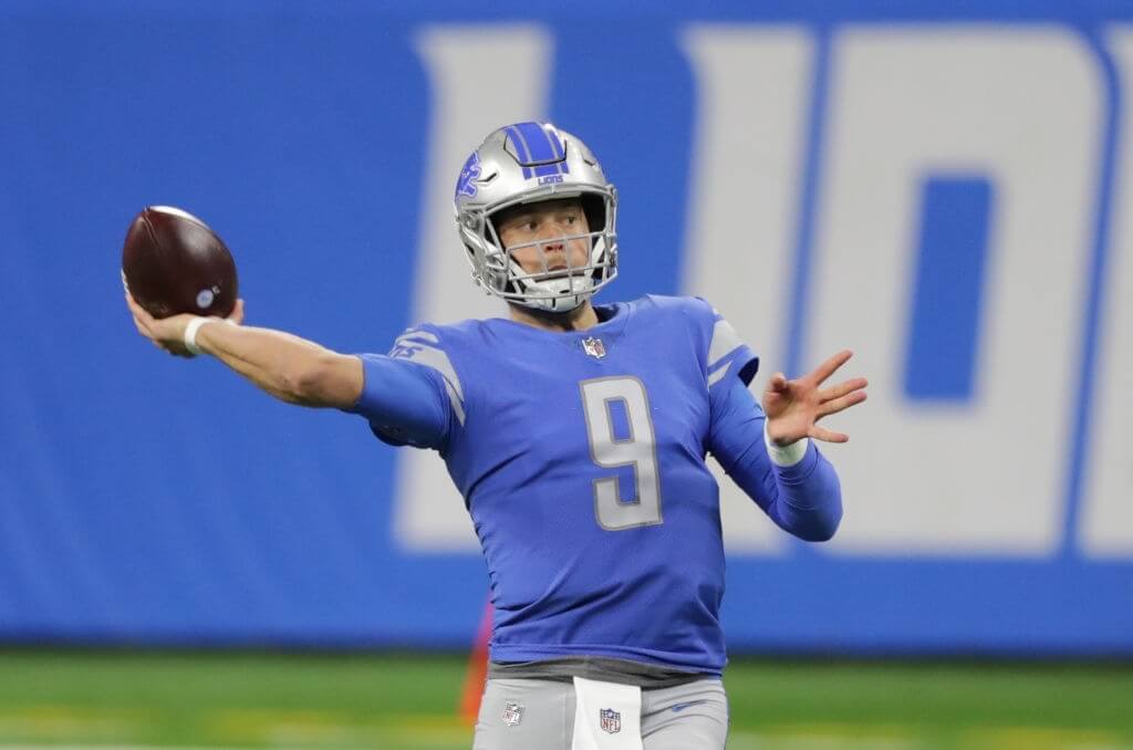 DETROIT, MICHIGAN - JANUARY 03: Matthew Stafford #9 of the Detroit Lions drops back to pass during the third quarter of the game against the Minnesota Vikings at Ford Field on January 03, 2021 in Detroit, Michigan. Minnesota defeated Detroit 37-35. (Photo by Leon Halip/Getty Images)