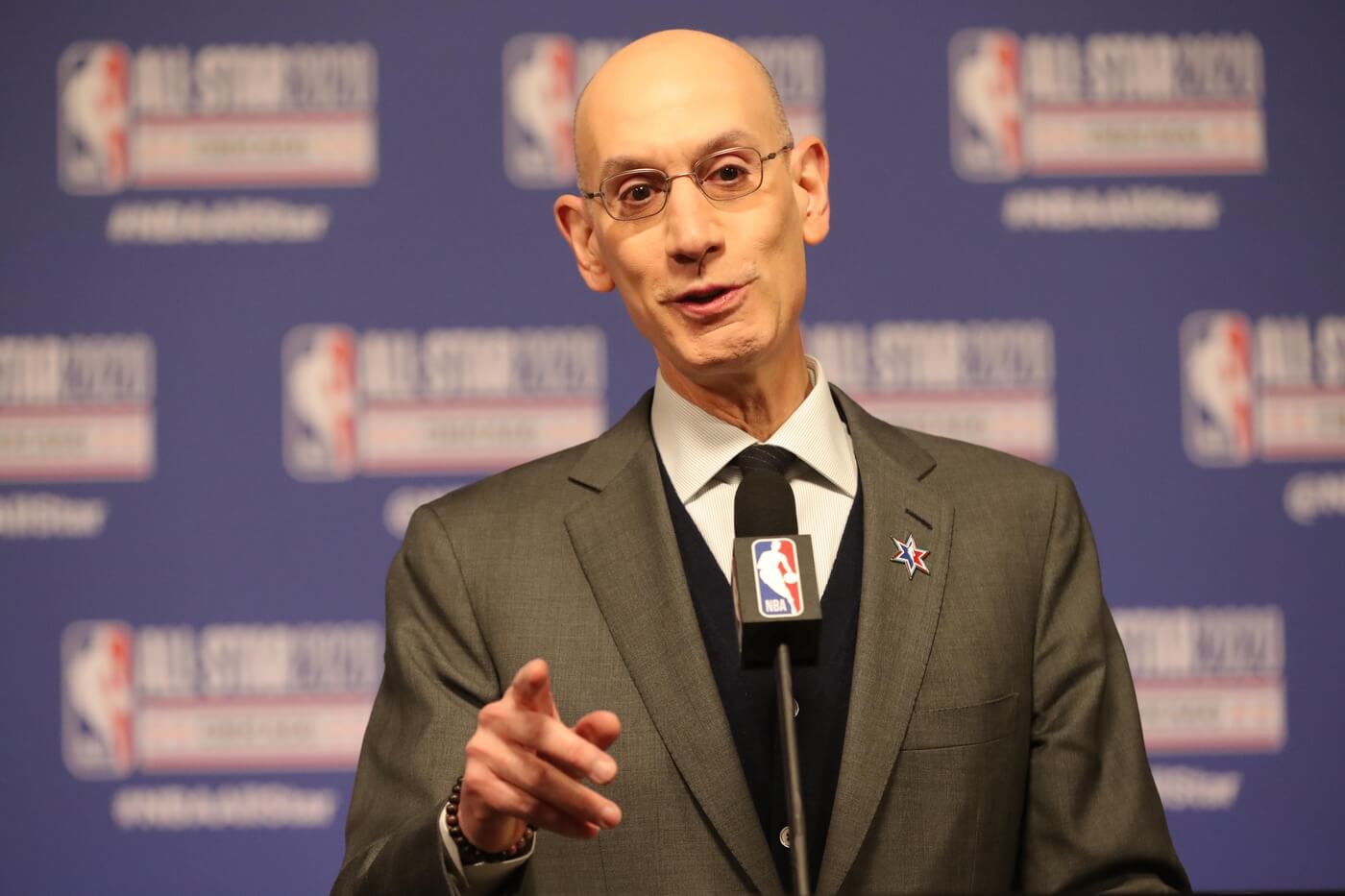 Feb 15, 2020; Chicago, Illinois, USA; NBA commissioner Adam Silver speaks at a press conference during NBA All Star Saturday Night at United Center. Mandatory Credit: Dennis Wierzbicki-USA TODAY Sports