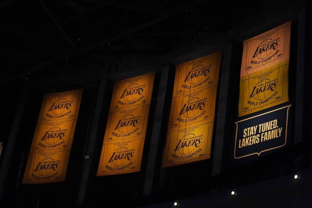 Feb 26, 2021; Los Angeles, California, USA; Los Angeles Lakers championship banners from the 1971-72, 1979-80, 1981-82, 1984-85, 1986-87, 1987-88, 1999-2000, 2000-01, 2001-02, 2008-09 and 2009-10 seasons on display at Staples Center. Mandatory Credit: Kirby Lee-USA TODAY Sports

