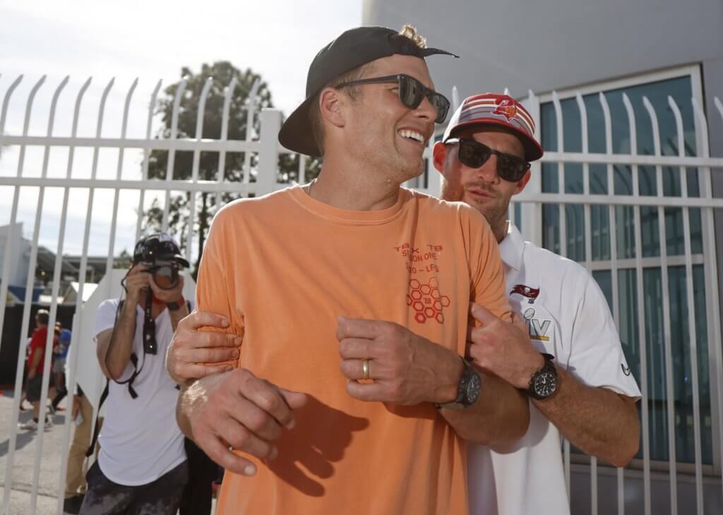 Feb 10, 2021; Tampa Bay, FL, USA; Tampa Bay Buccaneers quarterback Tom Brady (left) and quarterback Ryan Griffin after a boat parade to celebrate victory in Super Bowl LV against the Kansas City Chiefs. Mandatory Credit: Kim Klement-USA TODAY Sports