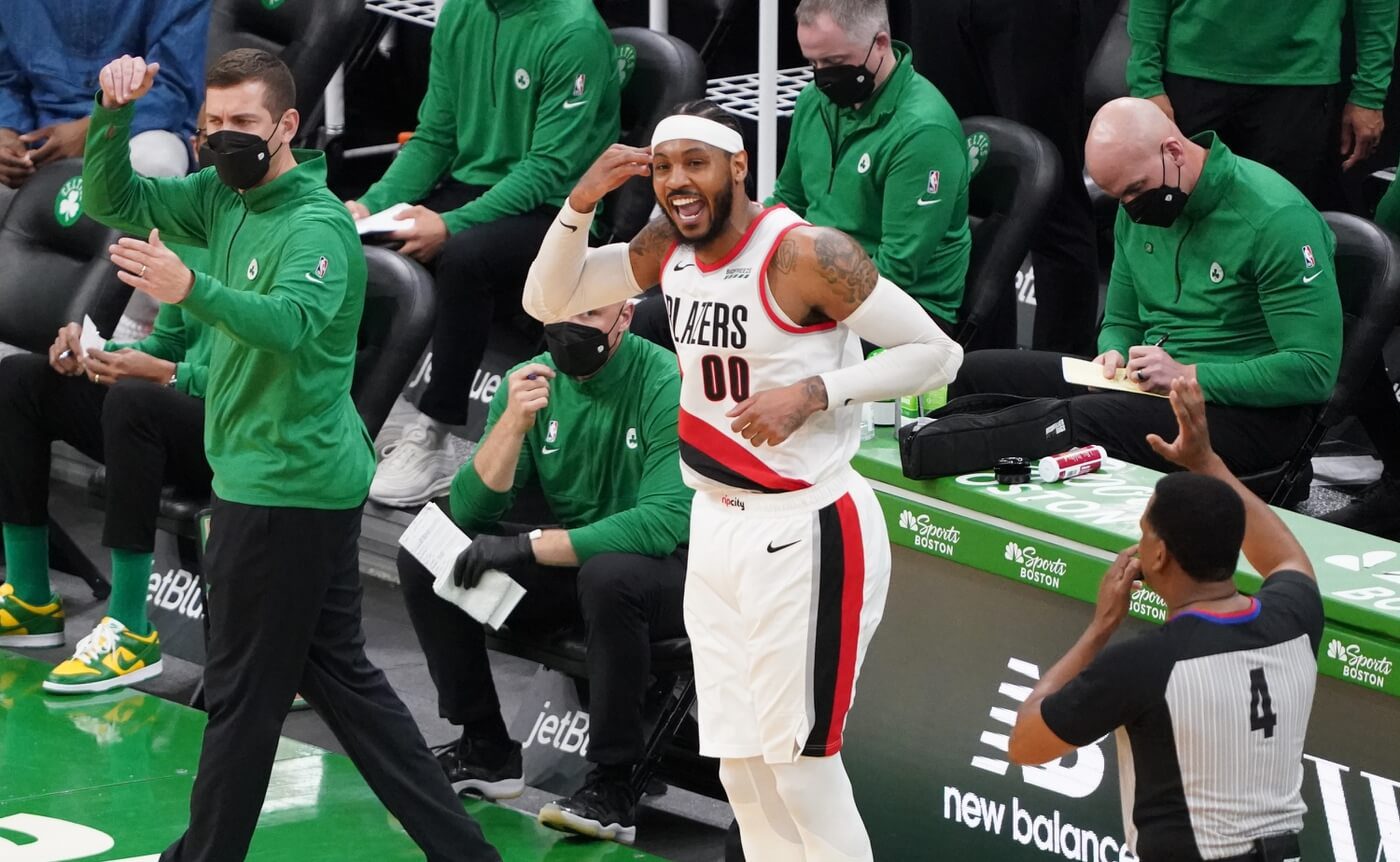 May 2, 2021; Boston, Massachusetts, USA; Portland Trail Blazers forward Carmelo Anthony (00) reacts after his three point basket against the Boston Celtics in the fourth quarter at TD Garden. Mandatory Credit: David Butler II-USA TODAY Sports