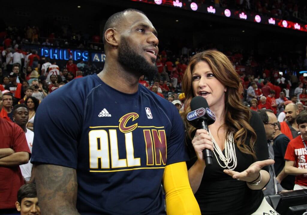 May 22, 2015; Atlanta, GA, USA; Cleveland Cavaliers forward LeBron James is interviewed by journalist Rachel Nichols after game two of the Eastern Conference Finals of the NBA Playoffs against the Atlanta Hawks at Philips Arena. Cavaliers won 94-82. Mandatory Credit: Brett Davis-USA TODAY Sports
