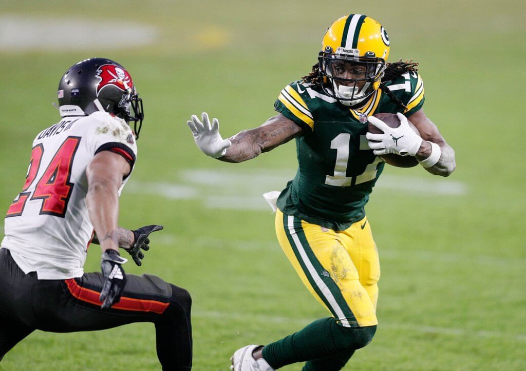 Jan 24, 2021; Green Bay, Wisconsin, USA; Green Bay Packers wide receiver Davante Adams (17) during the NFC Championship game against the Green Bay Packers at Lambeau Field. Mandatory Credit: Jeff Hanisch-USA TODAY Sports


