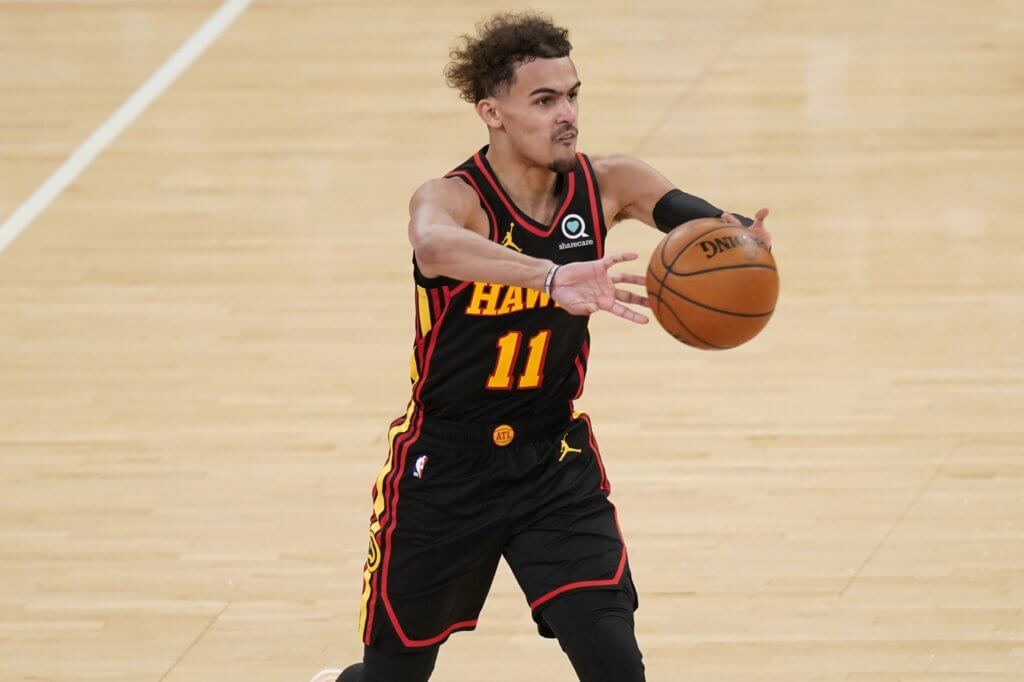 May 23, 2021; New York, New York, USA; Atlanta Hawks guard Trae Young (11) passes during the second half in game one in the first round of the 2021 NBA Playoffs at Madison Square Garden. Mandatory Credit: Seth Wenig/Pool Photo-USA TODAY Sports