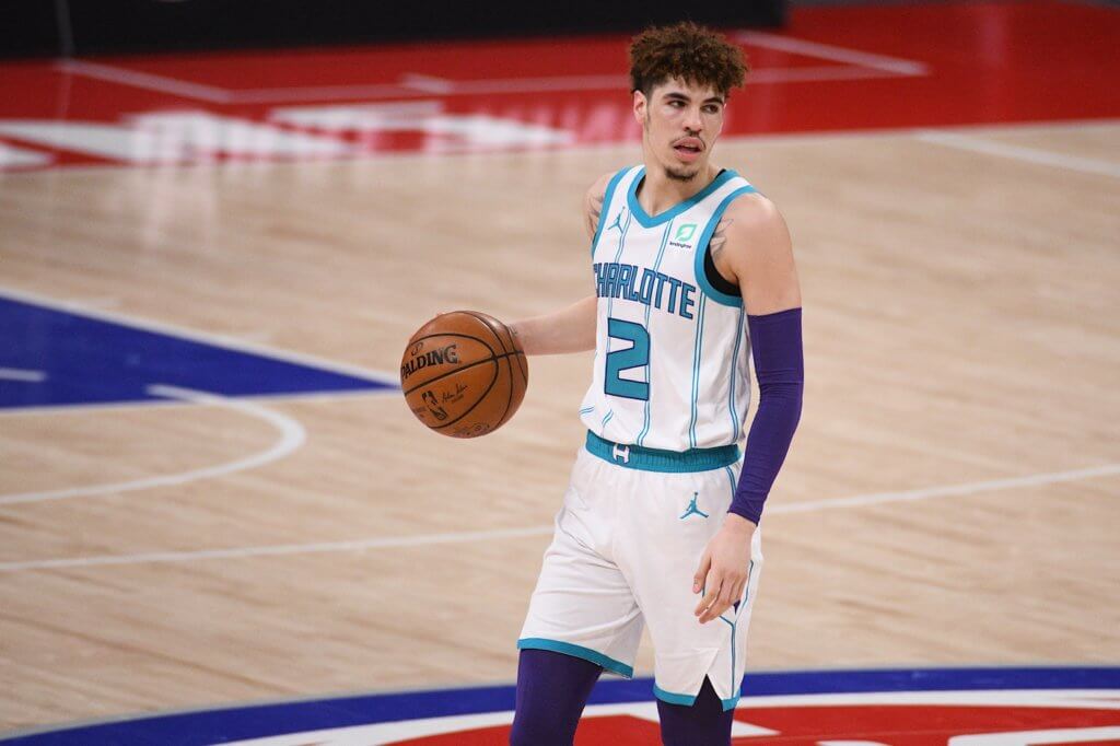 May 4, 2021; Detroit, Michigan, USA; Charlotte Hornets guard LaMelo Ball (2) handles the ball during the third quarter against the Detroit Pistons at Little Caesars Arena. Mandatory Credit: Tim Fuller-USA TODAY Sports