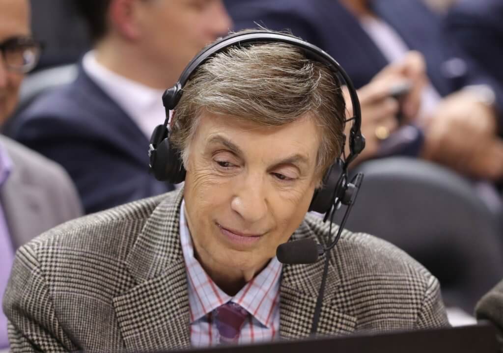 Nov 29, 2018; Toronto, Ontario, CAN; TNT announcer Marv Albert works before the start of the Toronto Raptors game against the Golden State Warriors at Scotiabank Arena. The Raptors beat the Warriors 131-128 in overtime. Mandatory Credit: Tom Szczerbowski-USA TODAY Sports