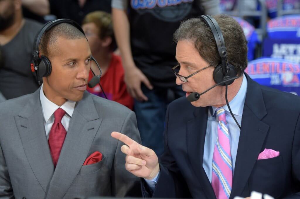 May 10, 2015; Los Angeles, CA, USA; TNT broadcasters Reggie Miller (left) and Kevin Harlan during game four of the second round of the NBA playoffs between the Houston Rockets and the Los Angeles Clippers at Staples Center. Mandatory Credit: Kirby Lee-USA TODAY Sports