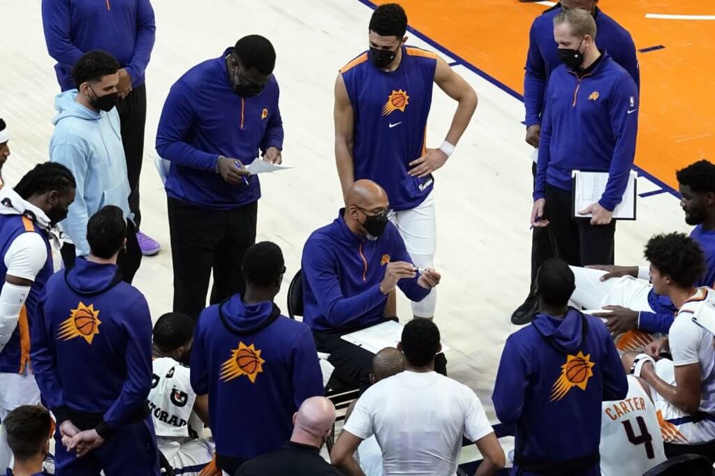 Apr 12, 2021; Phoenix, Arizona, USA; Phoenix Suns head coach Monty Williams talks to his team in the second half against the Houston Rockets at Phoenix Suns Arena. Mandatory Credit: Rick Scuteri-USA TODAY Sports