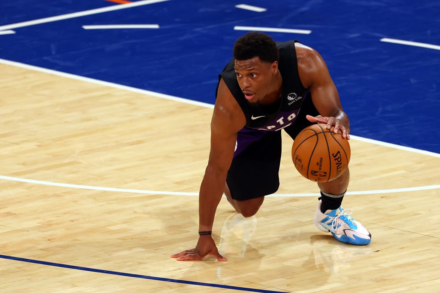Apr 11, 2021; New York, New York, USA; Kyle Lowry #7 of the Toronto Raptors slips as he brings the ball up court against the New York Knicks during a game at Madison Square Garden. Mandatory Credit: Rich Schultz/POOL PHOTOS-USA TODAY Sports