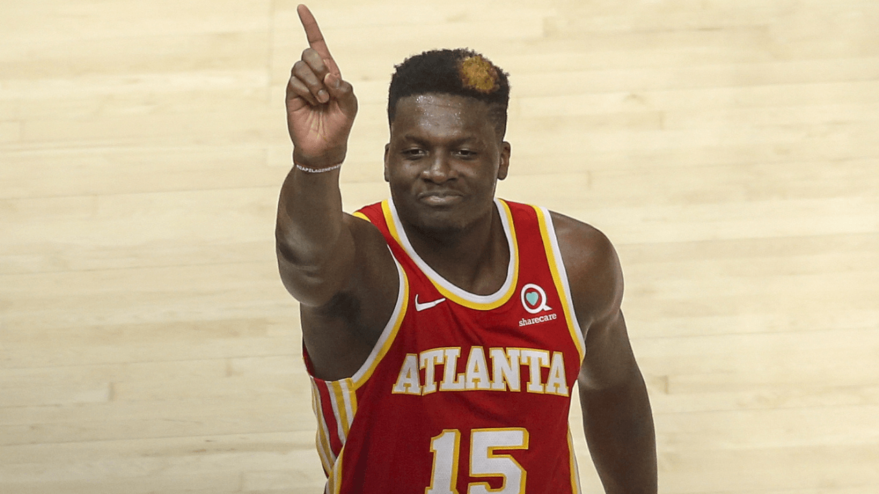 May 28, 2021; Atlanta, Georgia, USA; Atlanta Hawks center Clint Capela (15) gestures against the New York Knicks in the fourth quarter during game three in the first round of the 2021 NBA Playoffs at State Farm Arena. Mandatory Credit: Brett Davis-USA TODAY Sports