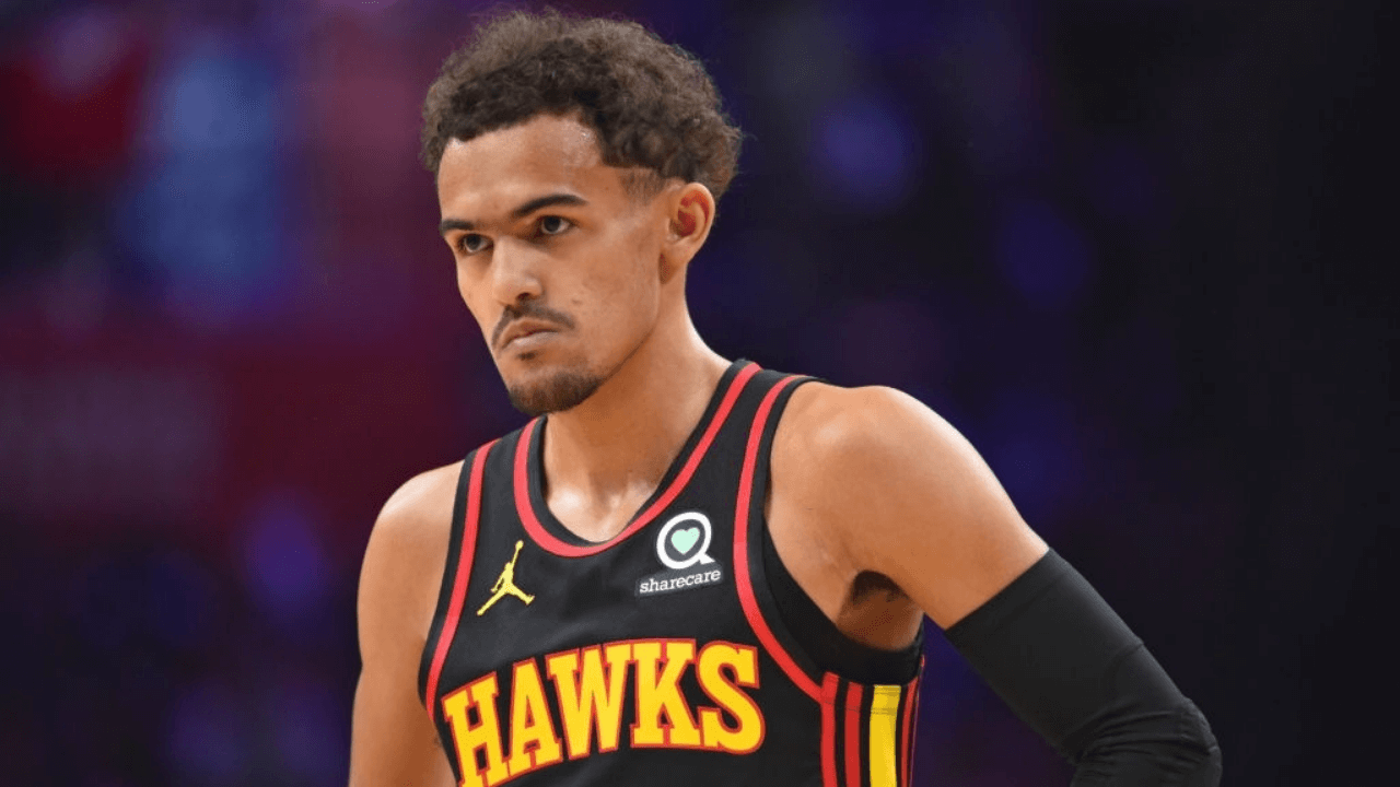 PHILADELPHIA, PA - JUNE 20: Trae Young #11 of the Atlanta Hawks looks on during a game against the Philadelphia 76ers during Round 2, Game 7 of the Eastern Conference Playoffs on June 20, 2021 at Wells Fargo Center in Philadelphia, Pennsylvania. NOTE TO USER: User expressly acknowledges and agrees that, by downloading and/or using this Photograph, user is consenting to the terms and conditions of the Getty Images License Agreement. Mandatory Copyright Notice: Copyright 2021 NBAE (Photo by Jesse D. Garrabrant/NBAE via Getty Images)
