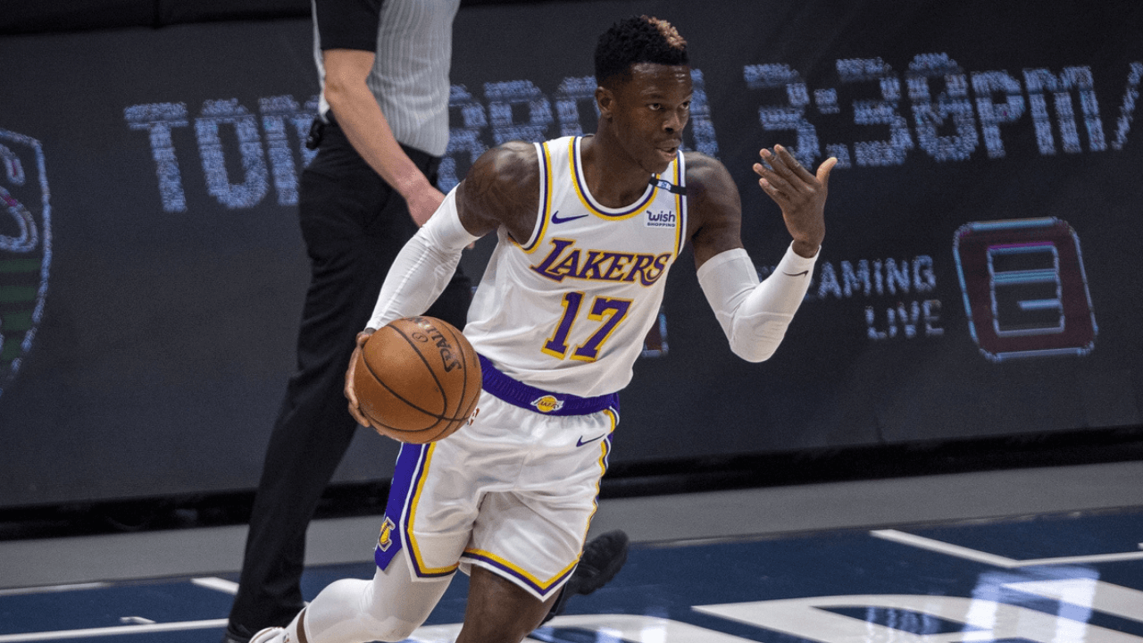 Apr 24, 2021; Dallas, Texas, USA; Los Angeles Lakers guard Dennis Schroder (17) in action during the game between the Los Angeles Lakers and the Dallas Mavericks at the American Airlines Center. Mandatory Credit: Jerome Miron-USA TODAY Sports