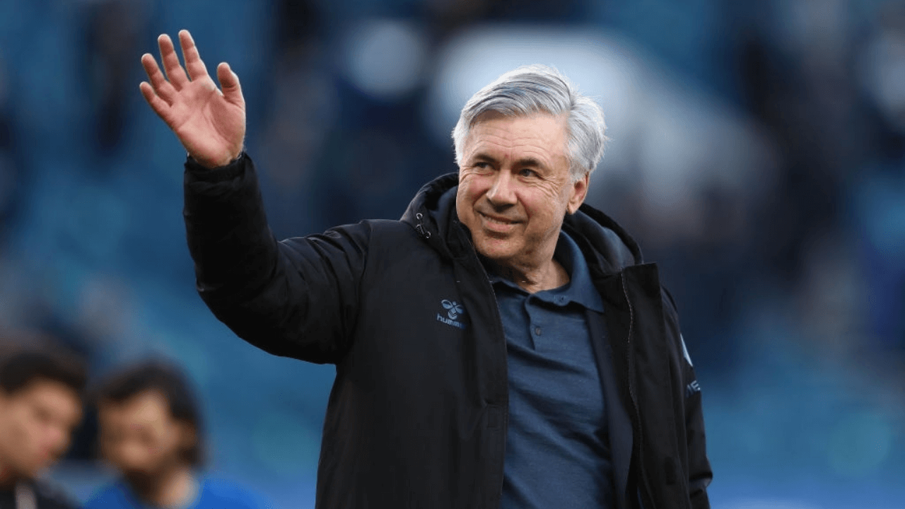 LIVERPOOL, ENGLAND - MAY 19: Carlo Ancelotti, Manager of Everton reacts following the Premier League match between Everton and Wolverhampton Wanderers at Goodison Park on May 19, 2021 in Liverpool, England. A limited number of fans will be allowed into Premier League stadiums as Coronavirus restrictions begin to ease in the UK. (Photo by Jan Kruger/Getty Images)