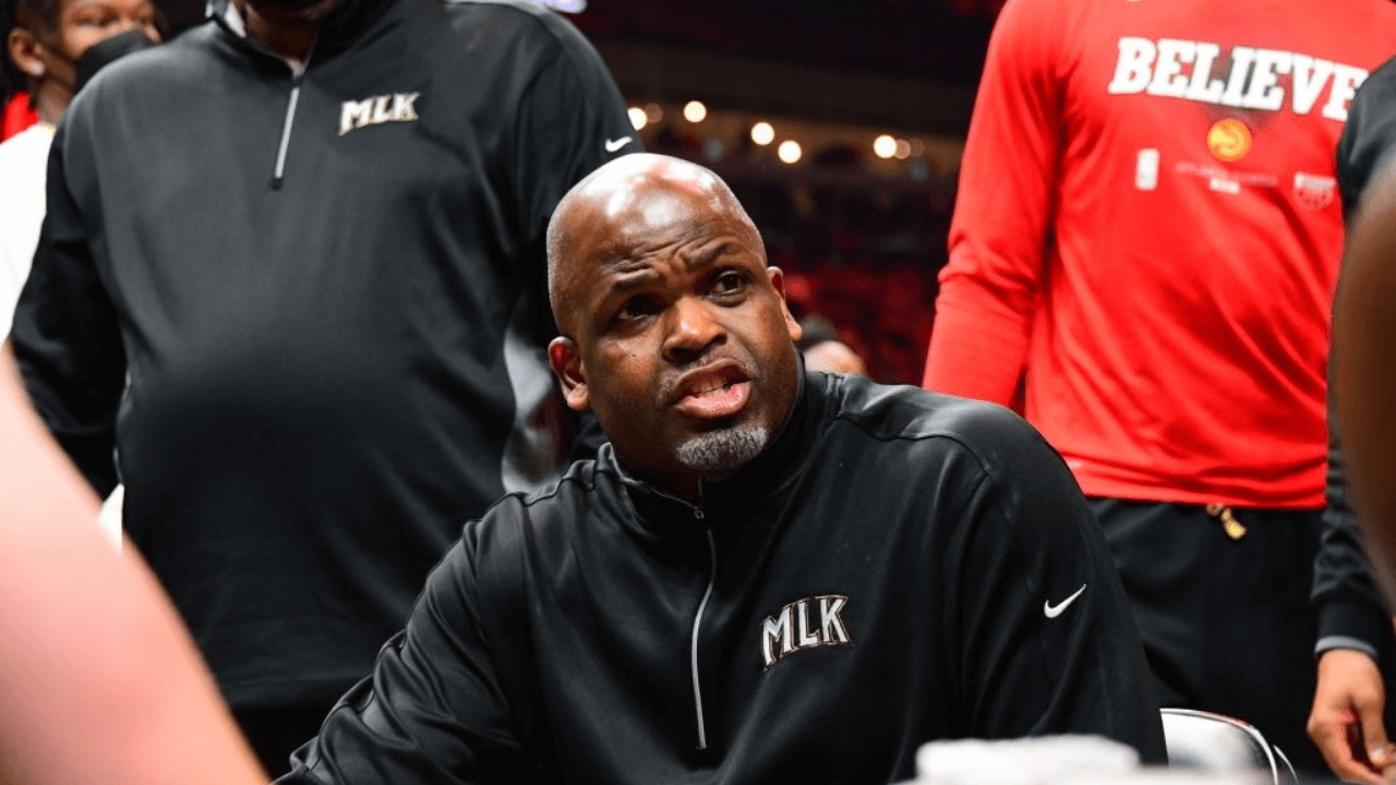 ATLANTA, GA - JUNE 18: Nate McMillan of the Atlanta Hawks talks to his team during the game against the Philadelphia 76ers during Round 2, Game 6 of the Eastern Conference Playoffs on June 18, 2021 at State Farm Arena in Atlanta, Georgia. NOTE TO USER: User expressly acknowledges and agrees that, by downloading and/or using this Photograph, user is consenting to the terms and conditions of the Getty Images License Agreement. Mandatory Copyright Notice: Copyright 2021 NBAE (Photo by Scott Cunningham/NBAE via Getty Images)