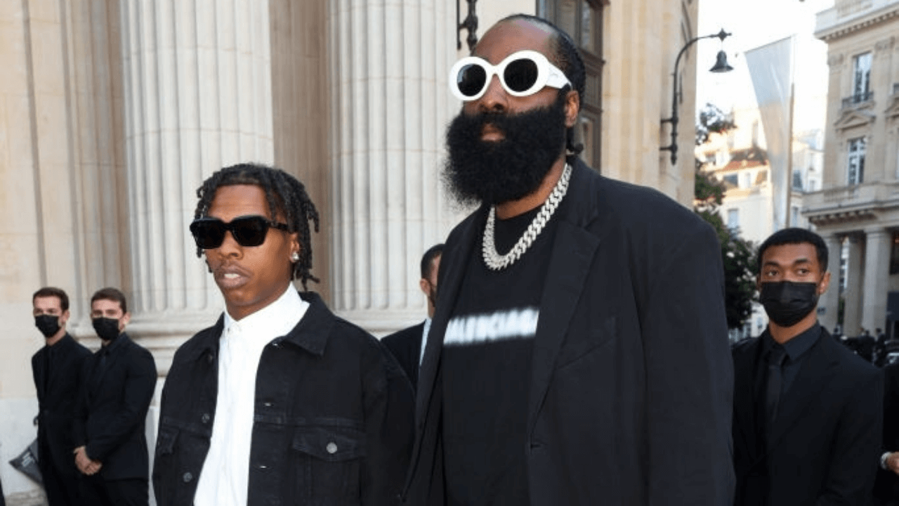 PARIS, FRANCE - JULY 07: Lil Baby and James Harden are seen arriving at a Balenciaga dinner at the Bourse De Commerce Pinault Collection on July 07, 2021 in Paris, France. (Photo by Pierre Suu/GC Images)