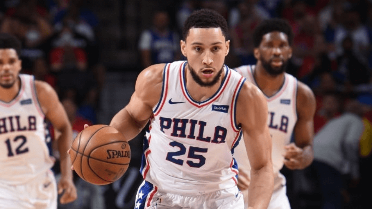 PHILADELPHIA, PA - JUNE 20: Ben Simmons #25 of the Philadelphia 76ers handles the ball against the Atlanta Hawks during Round 2, Game 7 of the Eastern Conference Playoffs on June 20, 2021 at Wells Fargo Center in Philadelphia, Pennsylvania. NOTE TO USER: User expressly acknowledges and agrees that, by downloading and/or using this Photograph, user is consenting to the terms and conditions of the Getty Images License Agreement. Mandatory Copyright Notice: Copyright 2021 NBAE (Photo by David Dow/NBAE via Getty Images)