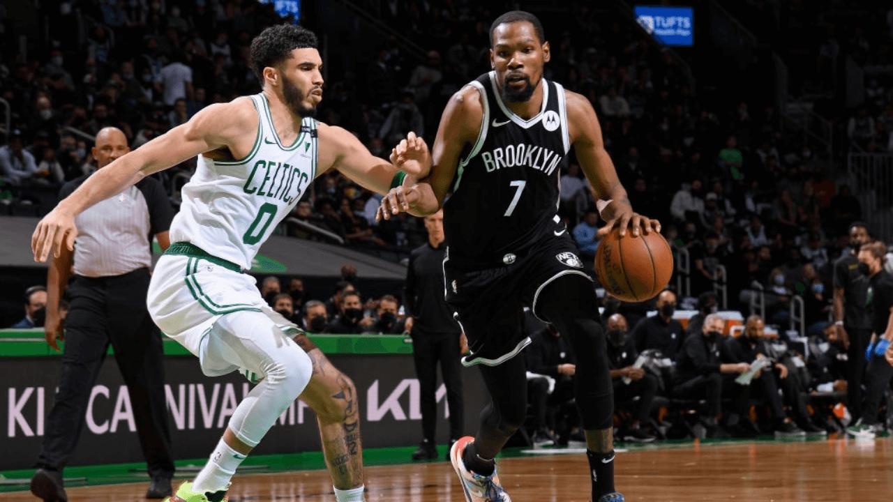 BOSTON, MA - MAY 30: Jayson Tatum #0 of the Boston Celtics plays defense on Kevin Durant #7 of the Brooklyn Nets during Round 1, Game 4 of the 2021 NBA Playoffs on May 30, 2021 at the TD Garden in Boston, Massachusetts. NOTE TO USER: User expressly acknowledges and agrees that, by downloading and or using this photograph, User is consenting to the terms and conditions of the Getty Images License Agreement. Mandatory Copyright Notice: Copyright 2021 NBAE (Photo by Brian Babineau/NBAE via Getty Images)
