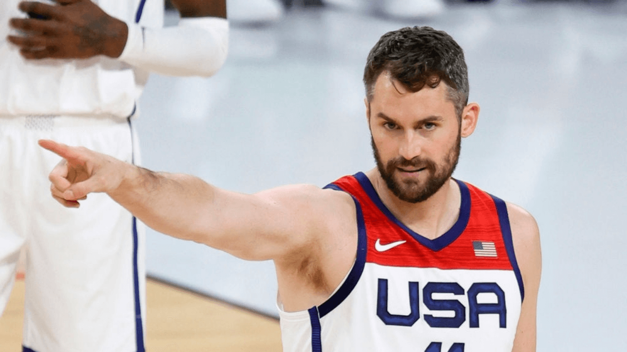 LAS VEGAS, NEVADA - JULY 10: Kevin Love #11 of the United States reacts after getting called for a foul during an exhibition game against Nigeria at Michelob ULTRA Arena ahead of the Tokyo Olympic Games on July 10, 2021 in Las Vegas, Nevada. Nigeria defeated the United States 90-87. (Photo by Ethan Miller/Getty Images)