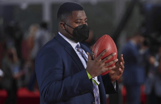 Apr 29, 2021; Cleveland, OH, USA; Alabama defensive lineman Christian Barmore holds a football as he appears on the Red Carpet at the Rock & Roll Hall of Fame before the first round of the 2021 NFL football draft, Thursday, April 29, 2021, in Cleveland. Mandatory Credit: David Dermer/Pool Photo-USA TODAY Sports