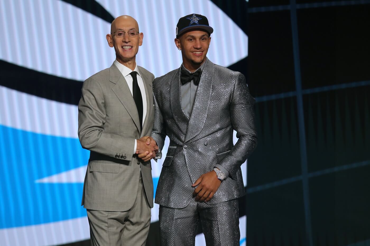 Jul 29, 2021; Brooklyn, New York, USA; Jalen Suggs (Gonzaga) poses with NBA commissioner Adam Silver after being selected as the number five overall pick by the Orlando Magic in the first round of the 2021 NBA Draft at Barclays Center. Mandatory Credit: Brad Penner-USA TODAY Sports