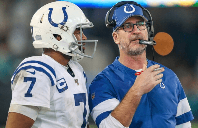Indianapolis Colts quarterback Jacoby Brissett (7) talks with Indianapolis Colts head coach Frank Reich along the sideline during the game against the Jacksonville Jaguars at TIAA Bank Field in Jacksonville, Fla., on Sunday, Dec. 29, 2019. Indianapolis Colts Vs Jacksonville Jaguars In Nfl Week 17 In Jacksonville Fla On Sunday Dec 29 2019

