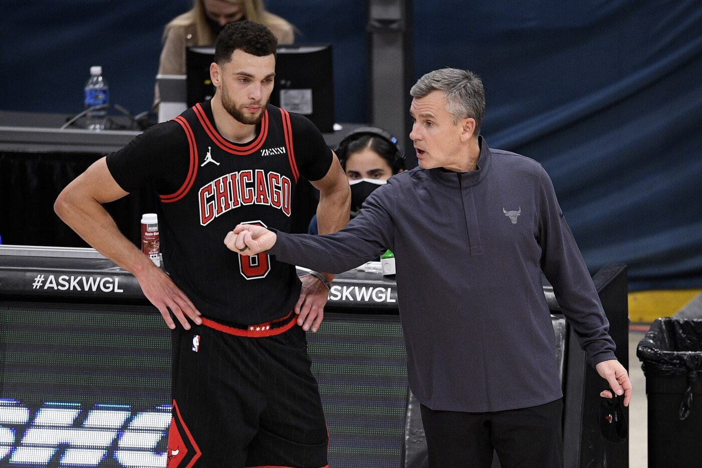Dec 29, 2020; Washington, District of Columbia, USA; Chicago Bulls head coach Billy Donovan (right) talks with guard Zach LaVine (8) during the second half against the Washington Wizards at Capital One Arena. Mandatory Credit: POOL PHOTOS-USA TODAY Sports