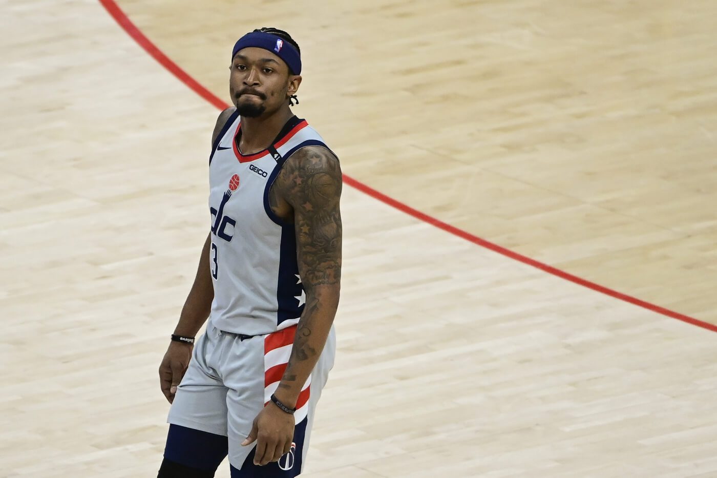May 20, 2021; Washington, District of Columbia, USA; Washington Wizards guard Bradley Beal (3) looks off the court during the first half against the Indiana Pacers at Capital One Arena. Mandatory Credit: Tommy Gilligan-USA TODAY Sports