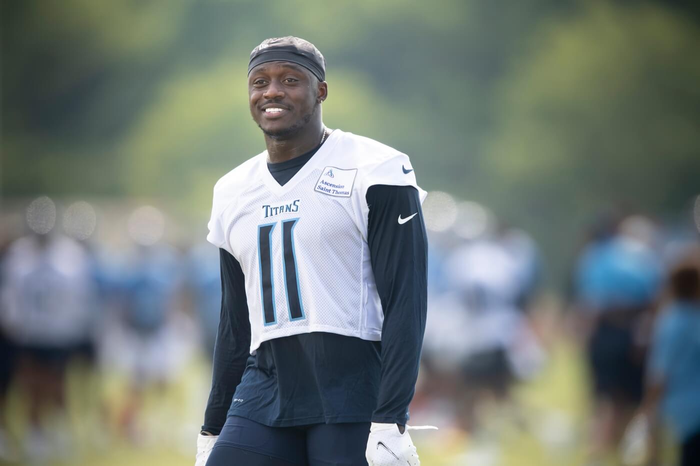Tennessee Titans wide receiver A.J. Brown (11) smiles during a training camp practice at Saint Thomas Sports Park Thursday, July 29, 2021 in Nashville, Tenn. Nas 0728 Titans Camp 019