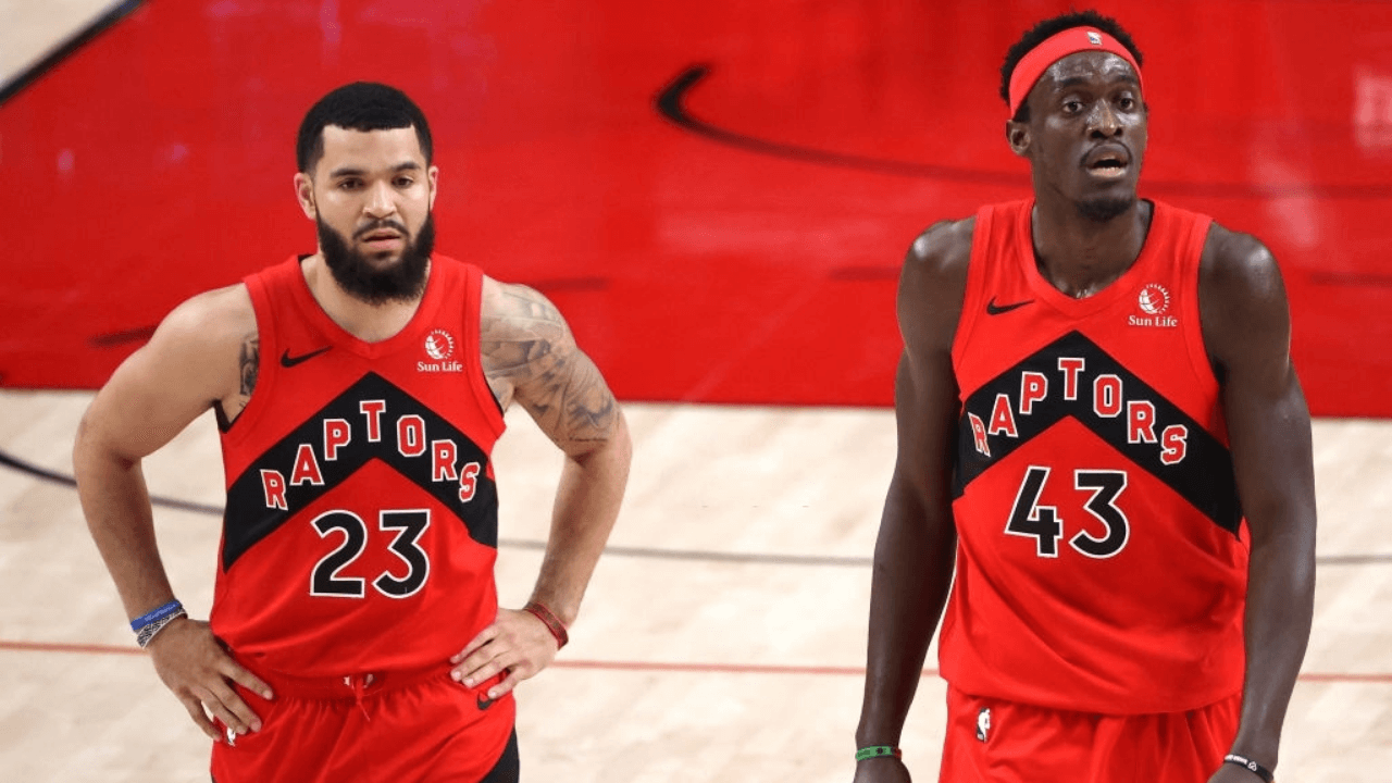 PORTLAND, OREGON - JANUARY 11: Fred VanVleet #23 and Pascal Siakam #43 of the Toronto Raptors react in the first quarter against the Portland Trail Blazers at Moda Center on January 11, 2021 in Portland, Oregon. NOTE TO USER: User expressly acknowledges and agrees that, by downloading and or using this photograph, User is consenting to the terms and conditions of the Getty Images License Agreement. (Photo by Abbie Parr/Getty Images)
