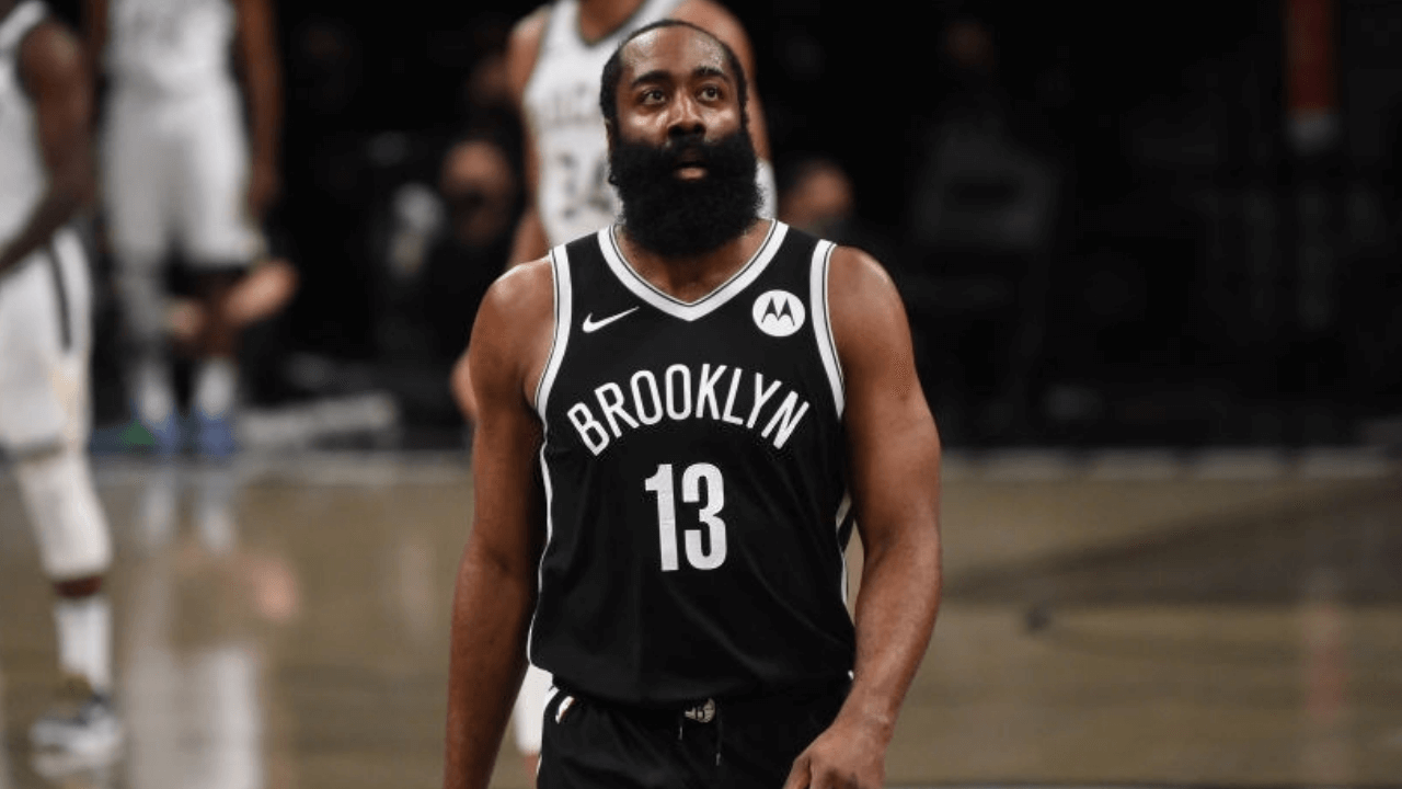BROOKLYN, NY - JUNE 19: James Harden #13 of the Brooklyn Nets looks on during a game against the Milwaukee Bucks during Round 2, Game 7 on June 19, 2021 at Barclays Center in Brooklyn, New York. NOTE TO USER: User expressly acknowledges and agrees that, by downloading and/or using this Photograph, user is consenting to the terms and conditions of the Getty Images License Agreement. Mandatory Copyright Notice: Copyright 2021 NBAE (Photo by David Dow/NBAE via Getty Images)