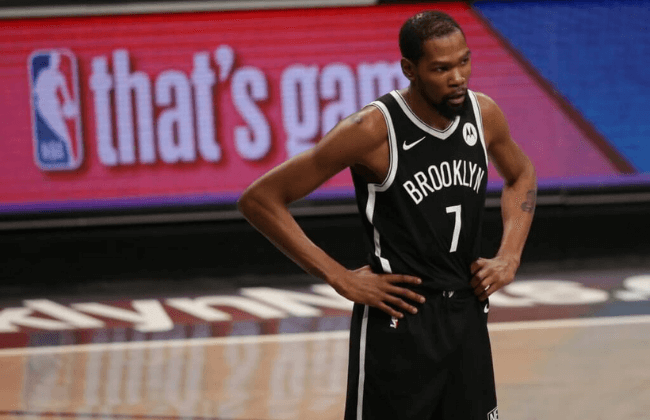 Jun 5, 2021; Brooklyn, New York, USA; Brooklyn Nets power forward Kevin Durant (7) reacts during the first quarter of game one of the Eastern Conference semifinals in the 2021 NBA Playoffs against the Milwaukee Bucks at Barclays Center. Mandatory Credit: Brad Penner-USA TODAY Sports