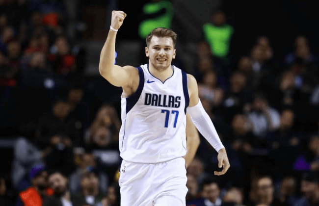 MEXICO CITY, MEXICO - DECEMBER 12: Luka Doncic #77 of the Dallas Mavericks celebrates during a game between Dallas Mavericks and Detroit Pistons at Arena Ciudad de Mexico on December 12, 2019 in Mexico City, Mexico. (Photo by Hector Vivas/Getty Images)