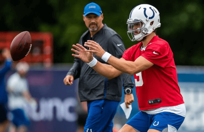 Indianapolis Colts quarterback Jacob Eason (9) takes a snap during an end zone pass drill Saturday, July 31, 2021.