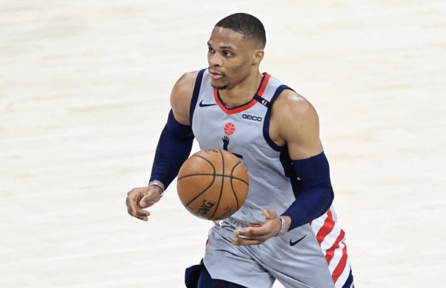 May 31, 2021; Washington, District of Columbia, USA; Washington Wizards guard Russell Westbrook (4) dribbles during game four in the first round of the 2021 NBA Playoffs against the Philadelphia 76ers at Capital One Arena. Mandatory Credit: Tommy Gilligan-USA TODAY Sports