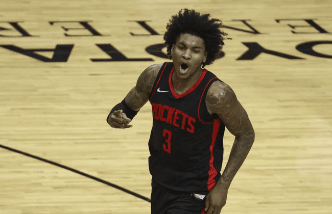Apr 29, 2021; Houston, Texas, USA; Houston Rockets guard Kevin Porter Jr. (3) reacts after making a basket during the fourth quarter against the Milwaukee Bucks at Toyota Center. Mandatory Credit: Troy Taormina-USA TODAY Sports