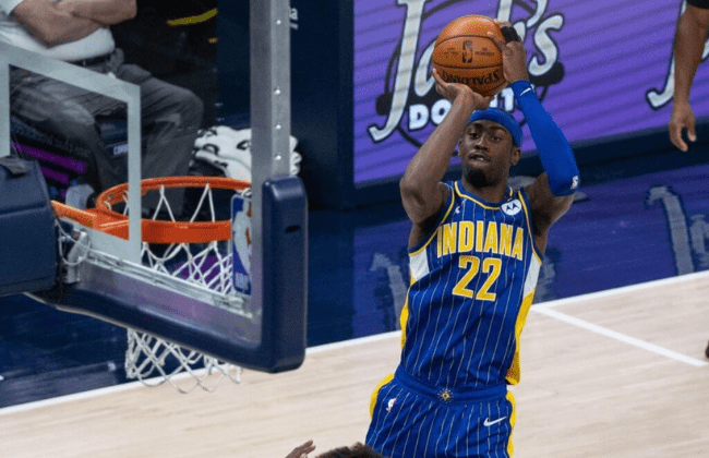 May 15, 2021; Indianapolis, Indiana, USA; Indiana Pacers guard Caris LeVert (22) shoots the ball in the second quarter against the Los Angeles Lakers at Bankers Life Fieldhouse. Mandatory Credit: Trevor Ruszkowski-USA TODAY Sports